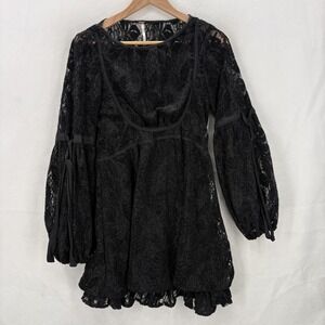 Free People Dress Womens Small Black Lace Long Sleeve Boho Tunic Slip Lined Boho